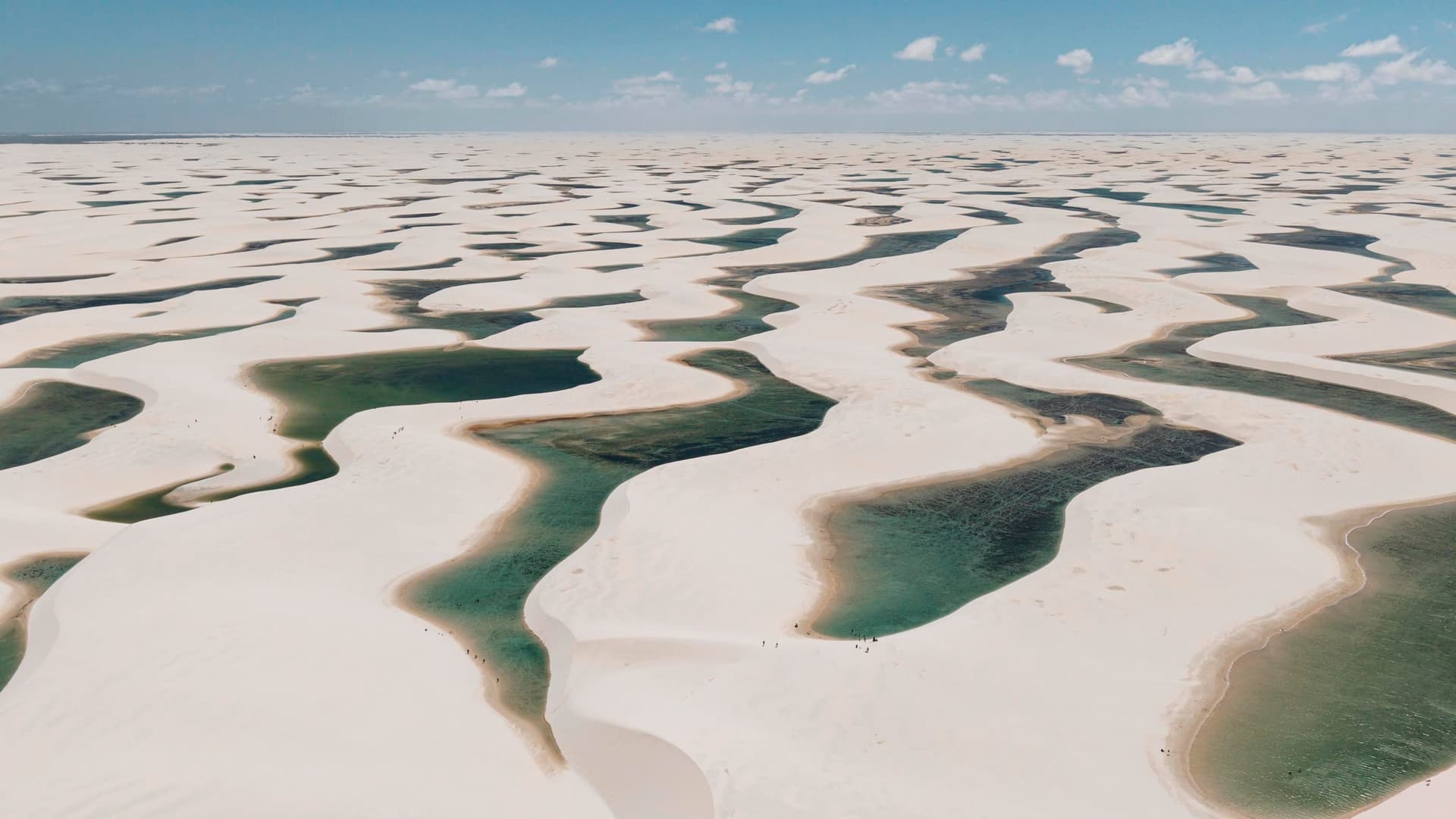 Ondas de dunas brancas intercaladas com lagoas verdes nos Lençóis Maranhenses