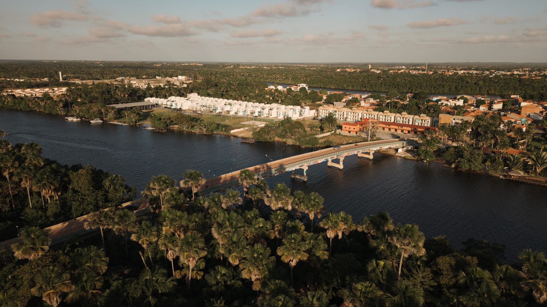 Bridge over the Preguiças river and the town of Barreirinhas seen from above